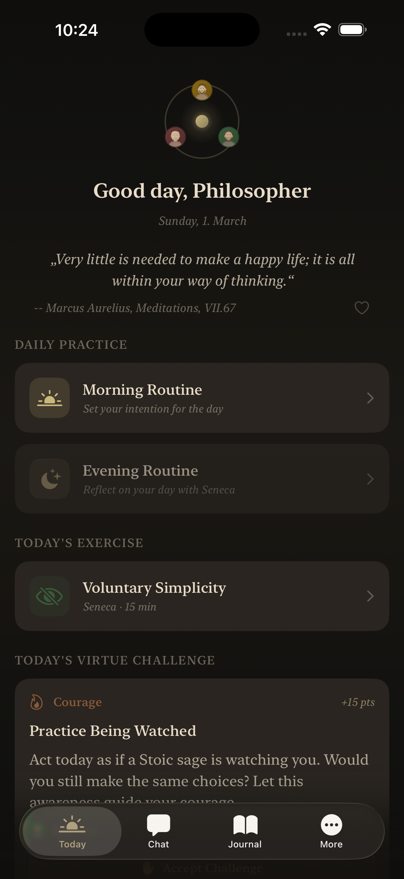 The Stoic Circle App – Today View with daily stoic quote and practice routines